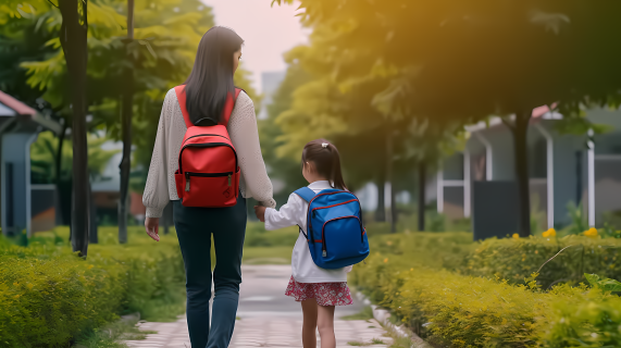 母女背包行走上学路上真实照片