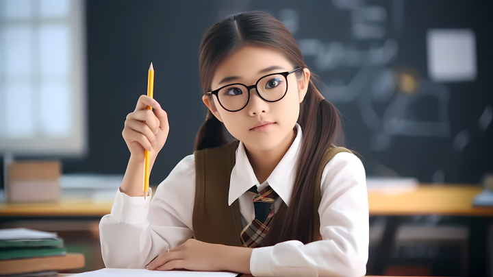 亚洲女孩在教室里拿着铅笔的真实照片版权图片下载