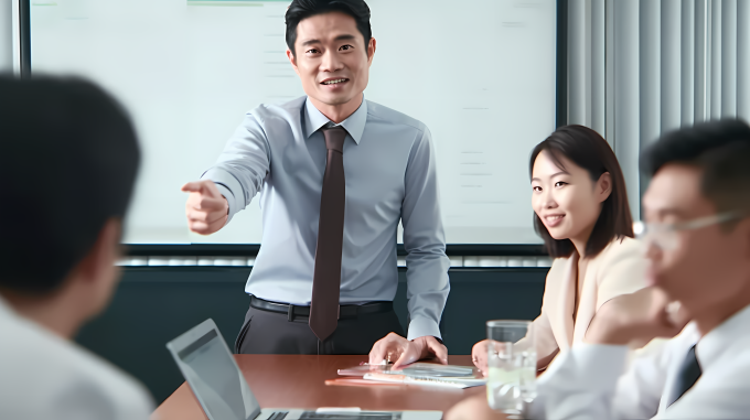 会议上男子微笑讲话照片