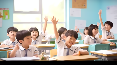 中国小学生明亮教室上课摄影图