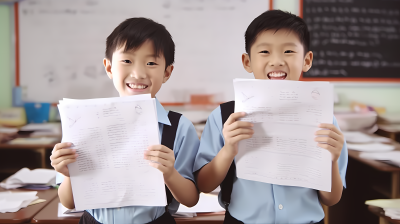 笑容满面的亚洲男孩展示试卷