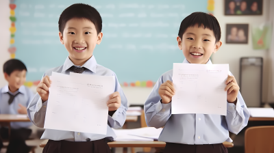 两个男孩在教室里高兴地拿着试卷