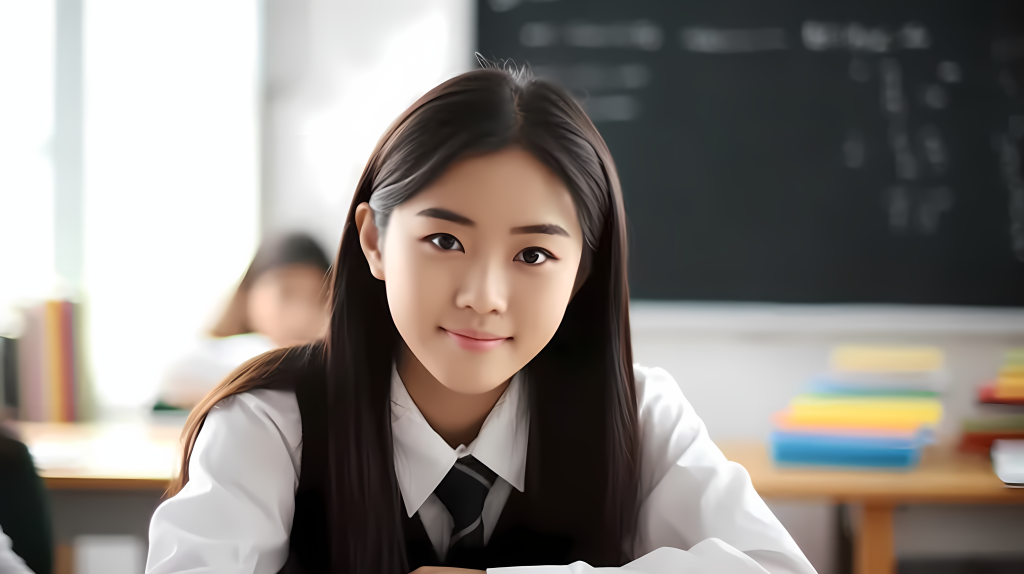 校园少女教室内写作业真实摄影版权图片下载