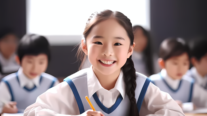 课堂上的可爱亚洲女孩微笑高清图版权图片下载