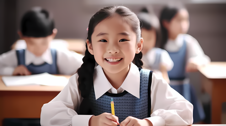 校园课堂生活欢乐多姿开心的小女孩高清图版权图片下载