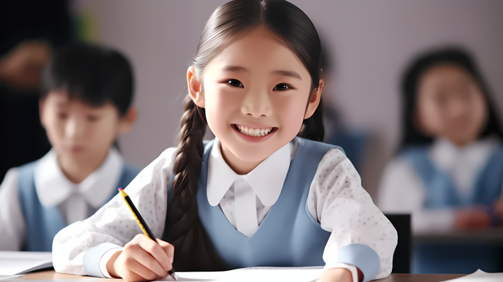 教室中面对镜头微笑的天真小女孩高清图版权图片下载