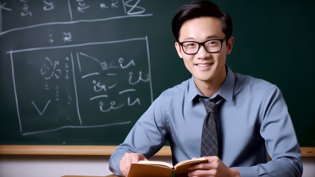 黑板前坐姿戴眼镜的男教师高清图
