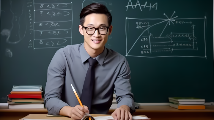 黑板前戴眼镜的男老师高清图版权图片下载