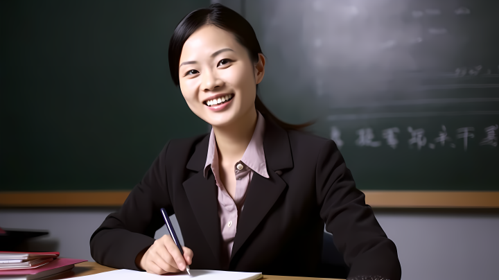 女老师微笑着拿笔坐在黑板前版权图片下载