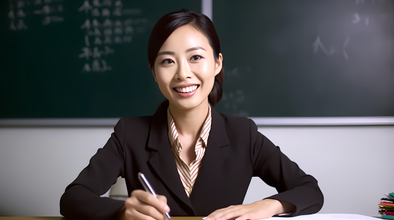亚洲女教师微笑着坐在黑板前摄影图片