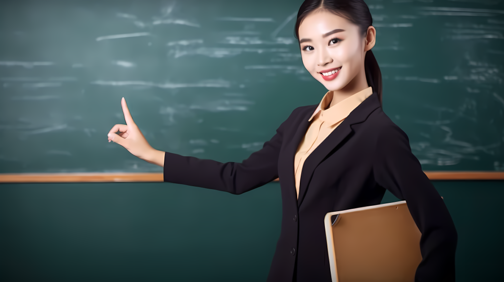黑板前认真讲课的女老师摄影图片
