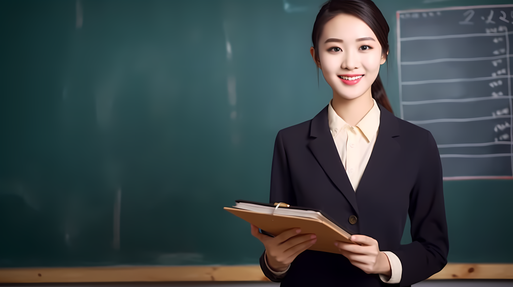 黑板前微笑的女教师摄影图版权图片下载