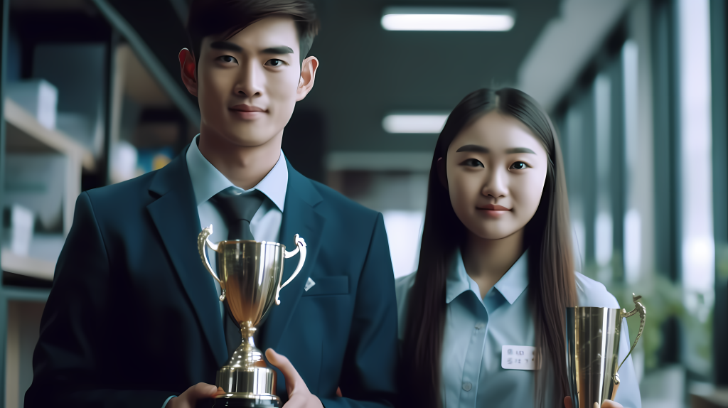 校园比赛冠军手拿奖杯摄影图