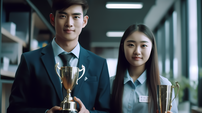 校园比赛冠军手拿奖杯摄影图