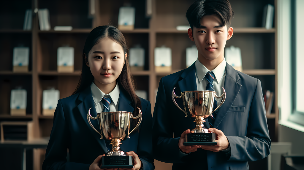 手拿奖杯的高中生摄影图片