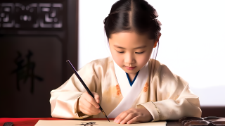 手拿毛笔练字的小女生摄影图
