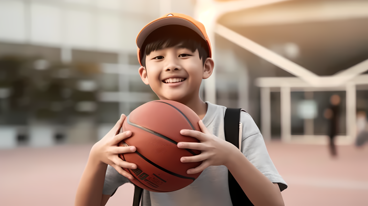 夕阳下校园里拿篮球的男孩摄影图版权图片下载