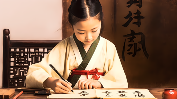 中国少女穿汉服练习写字摄影图