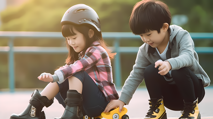 开心玩滑板的男孩女孩摄影图片