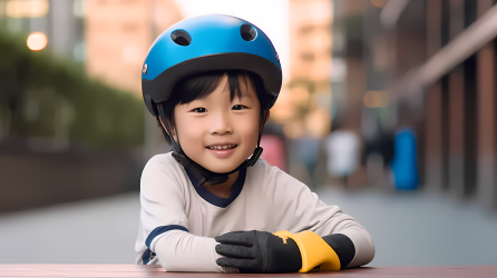 可爱亚洲男孩滑旱冰头盔保护器真实照片摄影图