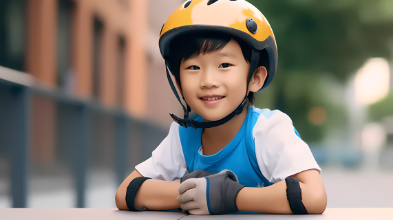 滑板头盔保护器的可爱亚洲男孩摄影图
