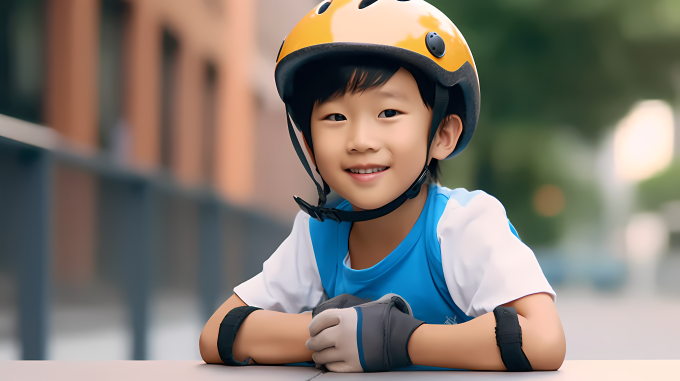 滑板头盔保护器的可爱亚洲男孩摄影图