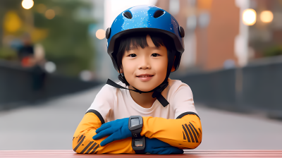 可爱亚洲男孩滑轮滑头盔保护器真实摄影图片