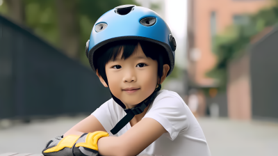 可爱亚洲男孩滑板头盔保护器摄影图