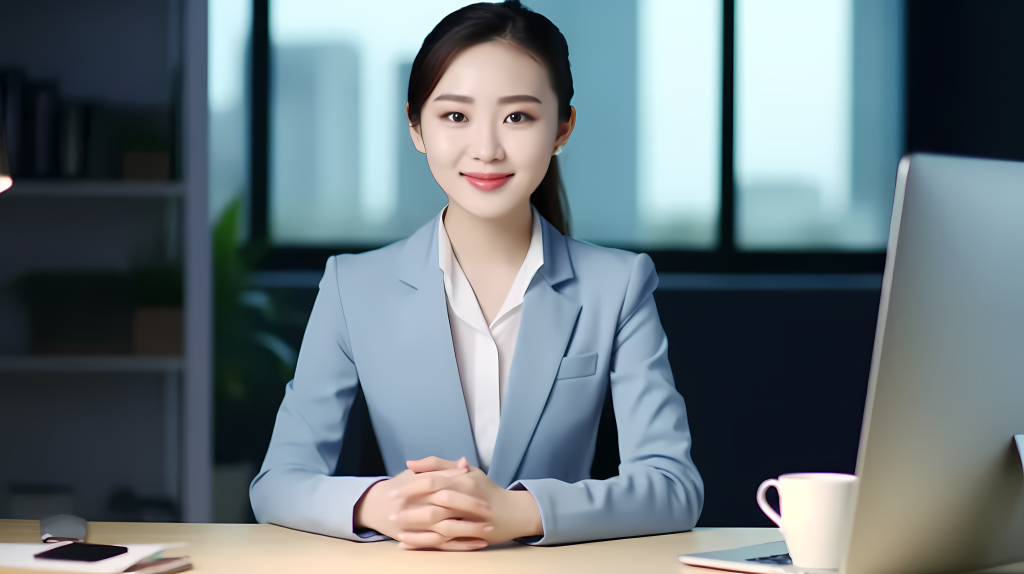 亚洲美女坐在办公桌前的摄影图版权图片下载