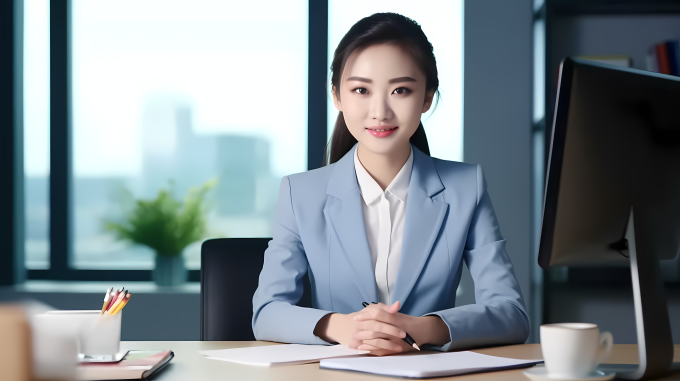 亚洲美女商务人士坐在办公桌旁的摄影图片