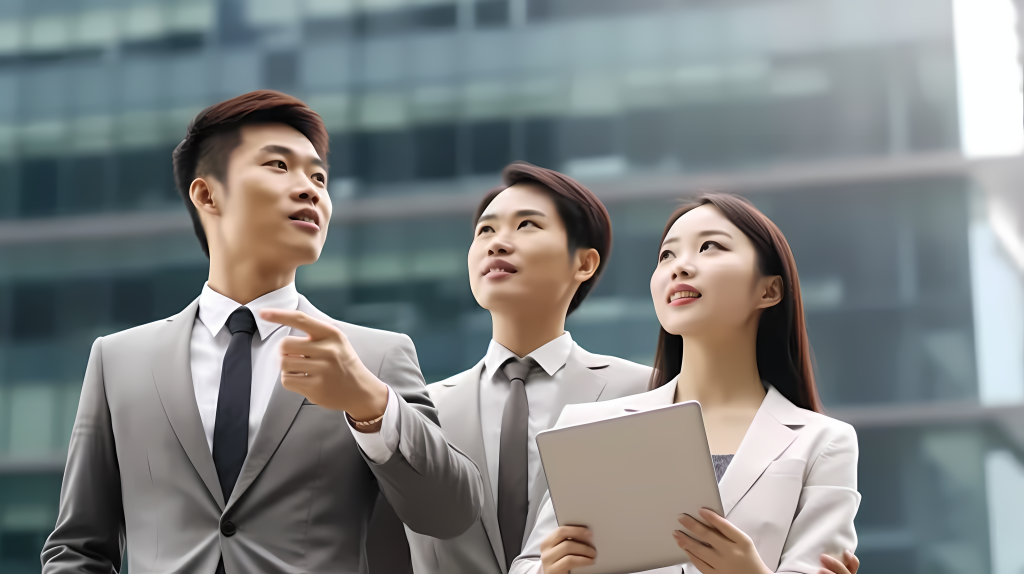 办公楼前商务男女手持平板讨论摄影版权图片下载