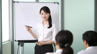 亚洲企业女性展示白板演讲摄影图