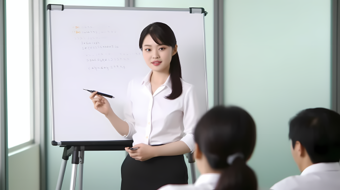 亚洲企业女性展示白板演讲摄影图