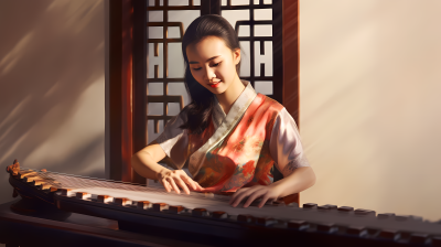 独奏古筝的优雅穿旗袍中国女子摄影图