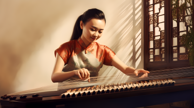 柔和光线下单人演奏古筝的中国女人摄影图
