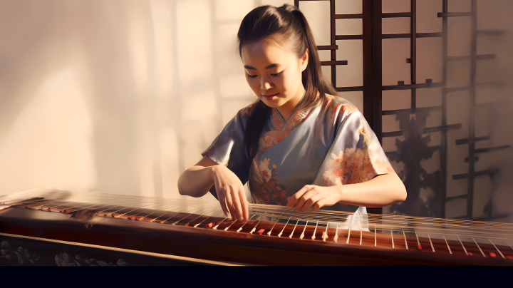 中国女子独奏古筝摄影图版权图片下载
