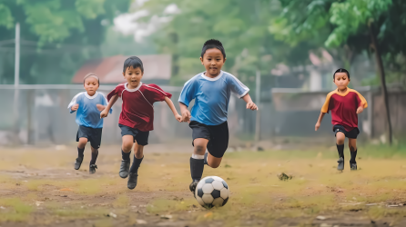 开心踢足球的小男生摄影图