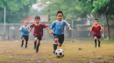 开心踢足球的小男生摄影图
