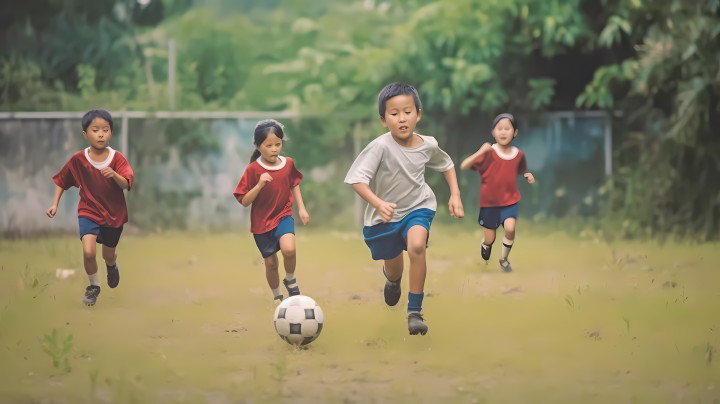 草地上踢足球的小朋友摄影图版权图片下载