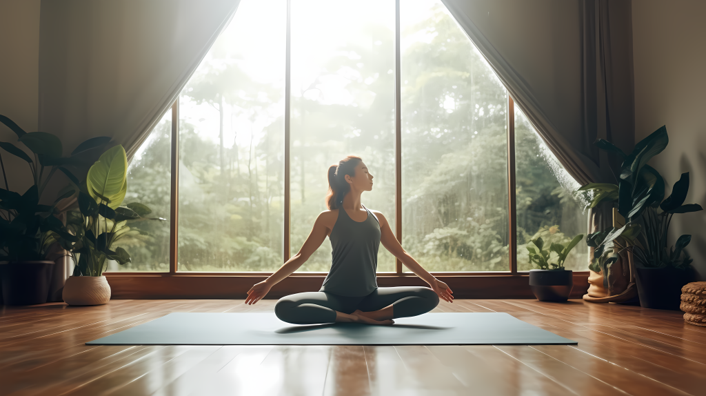 女子在房间里瑜伽体式练习高清图版权图片下载