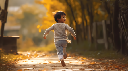 可爱的小孩在小路上奔跑高清图
