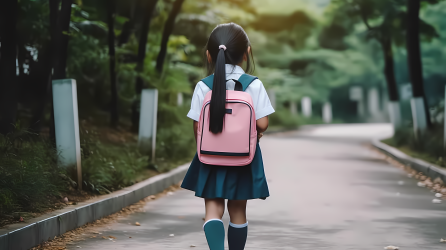 小女孩背着书包上学背影图