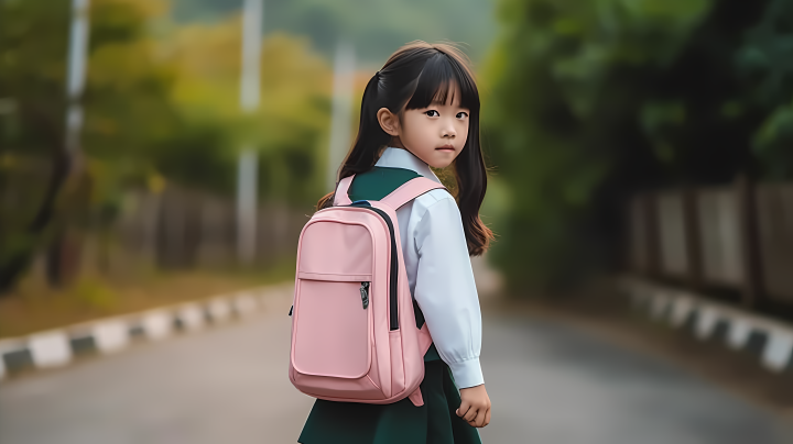 小女孩背着书包去上学摄影版权图片下载