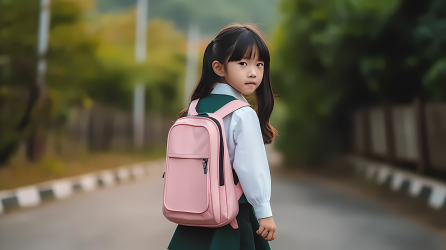 小女孩背着书包去上学摄影图片