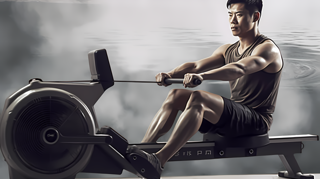 健身房男子划船机健身摄影图版权图片下载