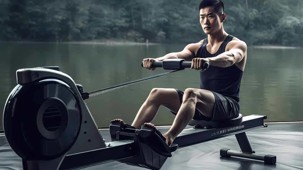 男子健身划船机锻炼摄影版权图片下载