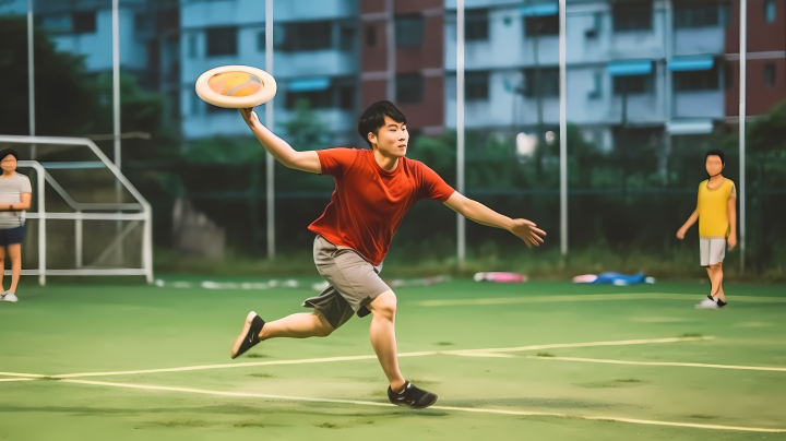 操场上两男子玩飞盘摄影版权图片下载