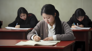 黑发亚洲女生考试写作文摄影图片