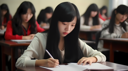 黑头发的中国女生考试摄影图片