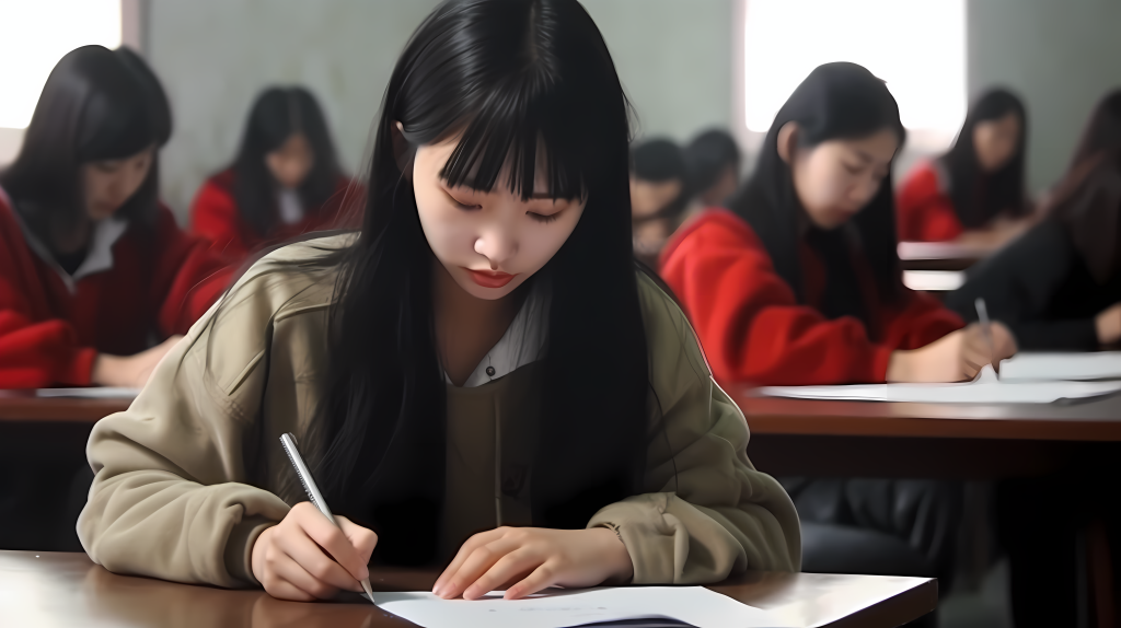 黑发亚洲女生考试写卷摄影版权图片下载